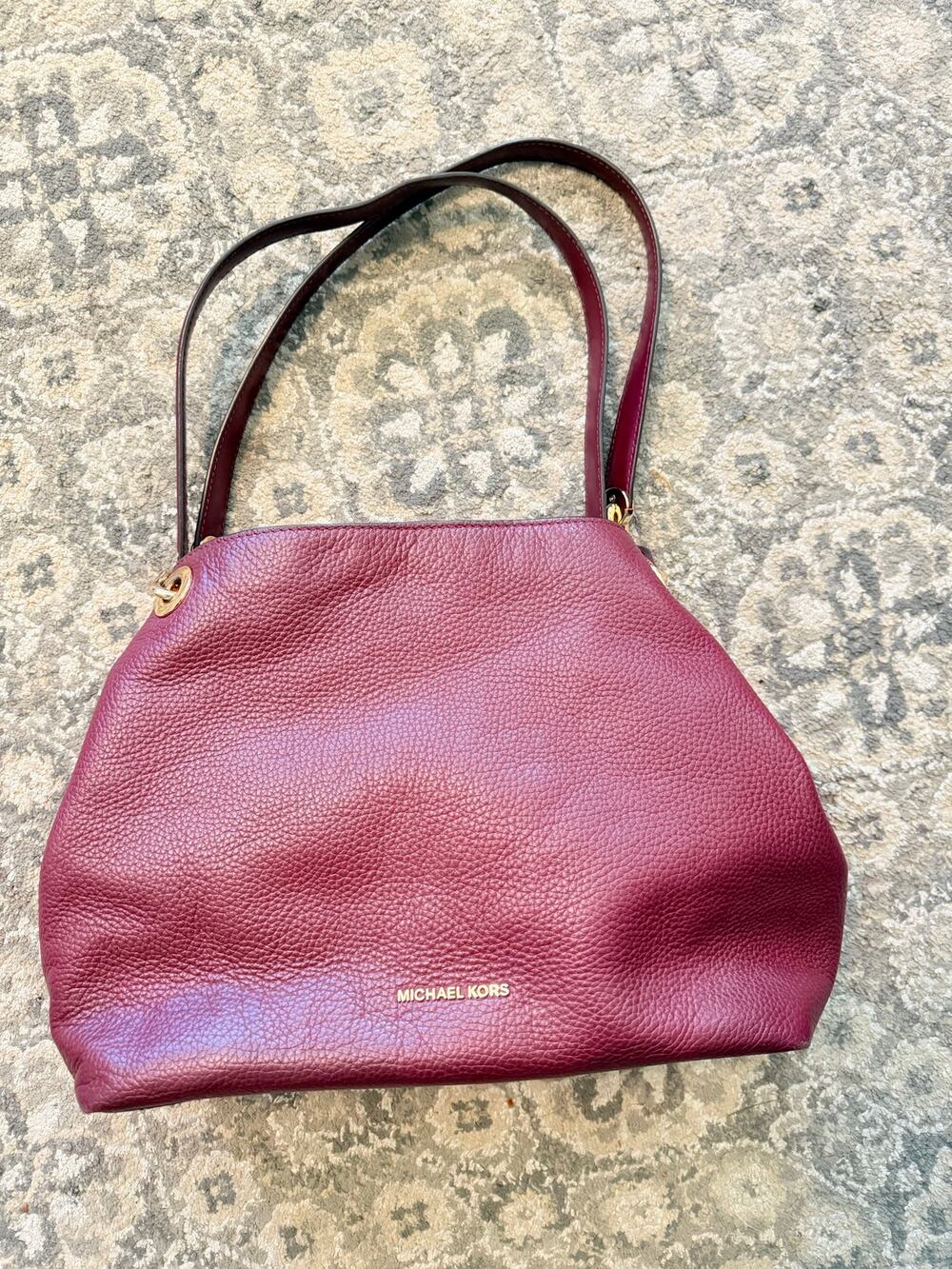 Michael Kors Raven Large Pebbled Leather Shoulder Tote Burgundy Center Zip Bag